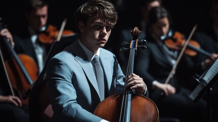 Fototapeta premium A focused young cellist in a suit plays passionately during an orchestral concert, surrounded by fellow musicians.