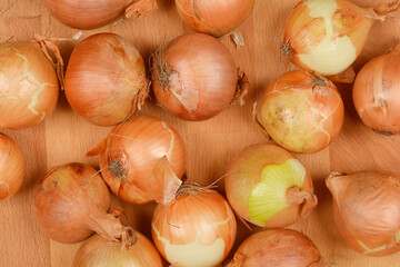Numerous onions arranged on a wooden surface, shot from above