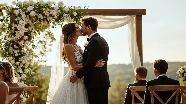 A romantic outdoor wedding ceremony with lush decorations