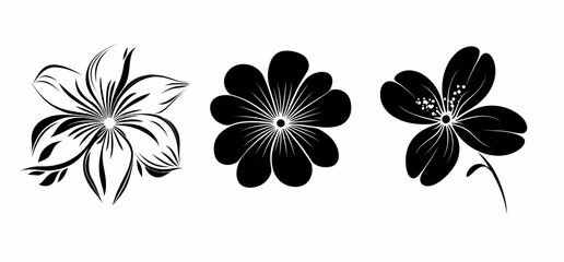 Set of three vector flowers, simple shapes, vector graphic in black on a white background, SVG cut file, high resolution, 2D design