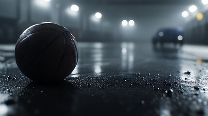 A wet basketball rests on a reflective and dark surface