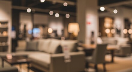 Blurred Interior Furniture Showroom Warm Lighting. AI Generated