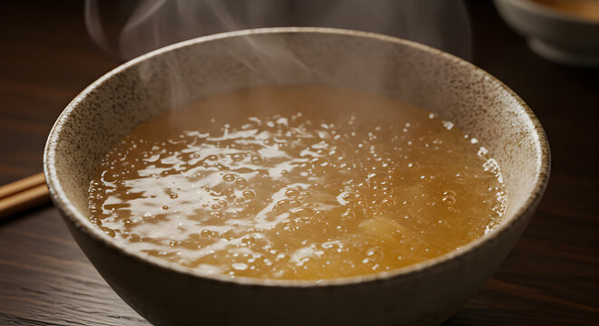 Aromatic Japanese dashi broth steaming gently in a speckled ceramic bowl