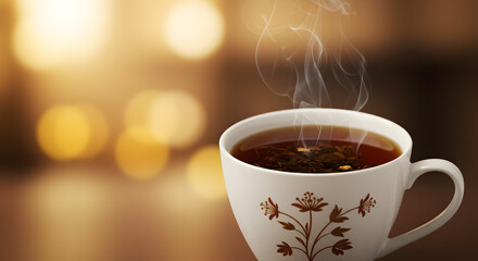 Obraz premium Comforting cup of herbal infusion emitting steam against a blurred backdrop