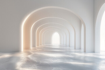 Obraz premium A serene white architectural space featuring graceful arches reflecting soft light, creating a tranquil atmosphere.