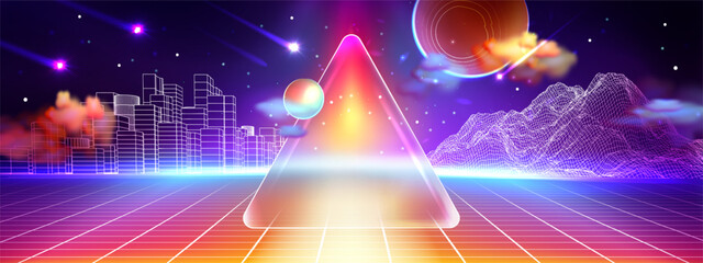 Triangular frosted blurry  glass on background of laser  space cyberspace  Abstract city arena with planets,stars and comets. Glassmorphism. Retro futuristic synthwave space landscape  ​with mountains