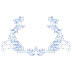 Line Art Blue Easter Floral Frame. Vector Illustration