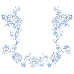 Line Art Blue Floral Frame. Vector Illustration