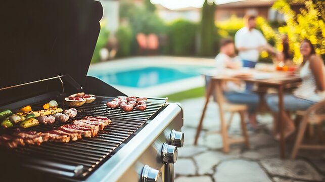 Close-up of steaks and skewers cooking on a gas grill during a warm, relaxing backyard summer pool.