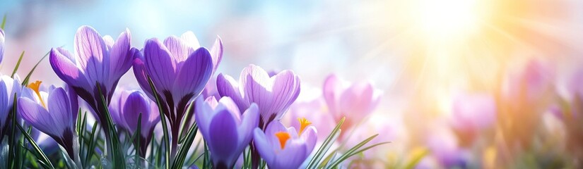 Naklejka premium Spring Crocus Blossoms in Sunny Meadow