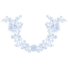 Line Art Blue Floral Frame. Vector Illustration