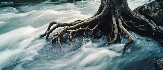 A tree's exposed roots gracefully arch over flowing water, showcasing the blend of strength and fragility in nature’s resilient tapestry.