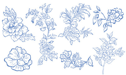 Set of Line Art Blue Flowers and Plants. Vector Illustration.