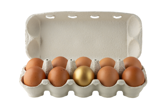 Cardboard carton box packaging with brown and golden eggs isolated on white background. Happy Easter card.