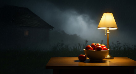 Describe a stormy night, where the wind howls outside while tomatoes sit silently on a dimly lit table