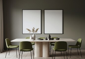 A Modern Dining Room with Blank Frames for Art and Decor. The room has a contemporary design with an elegant table and chairs, perfect for showcasing art or design work.