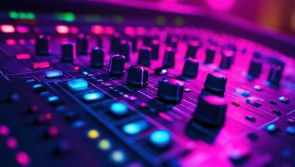 Close-up view of a vibrant audio mixing console with colorful lights and knobs