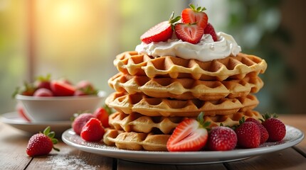 Fototapeta premium Belgian Waffles with Strawberries and Cream
