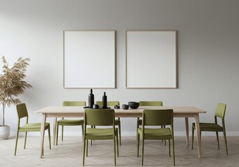 Modern Dining Room with Poster Frames, olive green chairs and table, elegant interior design. This dining room embodies simplicity with its neutral color scheme, inviting a sense of calm