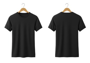 Two black t shirts hanging on wooden hangers front and back mockup.