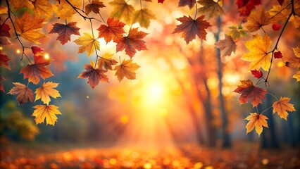 Autumn maple leaves in a colorful forest with golden sunlight and vibrant foliage