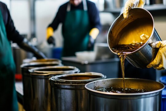 Staff members efficiently collect used frying oil for recycling in a busy restaurant kitchen environment