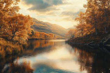 Fototapeta premium Scenic autumn landscape in the scottish highlands with reflective river and golden leaved trees