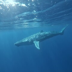 Naklejka premium Humpback whale swimming in deep blue ocean, underwater shot. Wildlife scene from underwater. Wildlife background. 