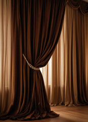  Rich Brown Satin Curtains with Elegant Tie-backs 