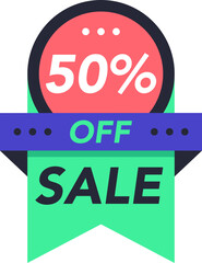 Colorful badge advertising a fifty percent discount features a vibrant sale banner, perfect for highlighting significant discounts and enticing special offers in retail marketing