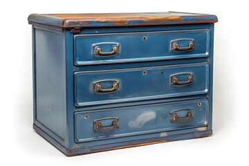 Fototapeta premium Vintage distressed blue metal chest of drawers with three compartments, showcasing a nostalgic charm.