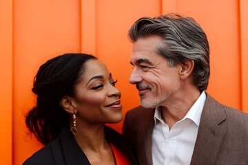 Fototapeta premium Valentine's day, lovebirds couple: extraordinary vivid image of loving mixed-race midlife lovers. Sign of love and affection. Commercial ad concept artwork graphic design. Sweet couple.