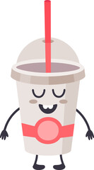 Cartoon representation of a cheerful disposable soda cup with a straw, featuring a smiling face and closed eyes, conveying a sense of contentment and enjoyment