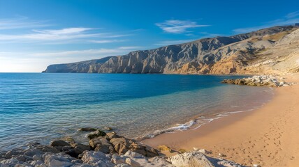 Seaside bliss: Sandy beach meets turquoise waters, framed by majestic cliffs under a bright blue sky. A serene coastal escape.