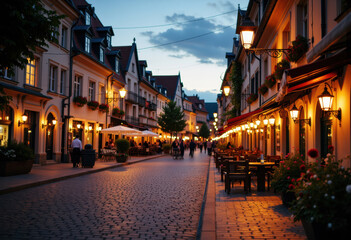 Obraz premium Charming evening street scene with illuminated cafes and cobblestone path
