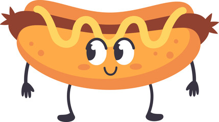 Cartoon hot dog character standing and smiling, with mustard and sausage, isolated on white background, ideal for menus, restaurants, and food related designs