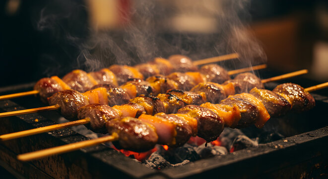 Smoky delight: Peruvian anticuchos grilling on a stick with flavorful steam rising