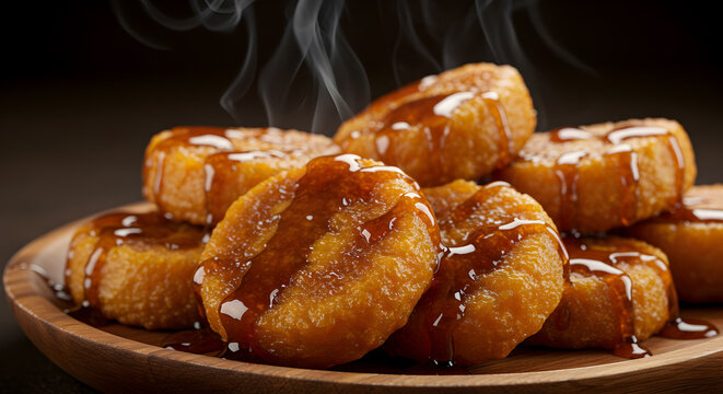 Delightful steaming Peruvian picarones drizzled with rich syrup on wooden plate