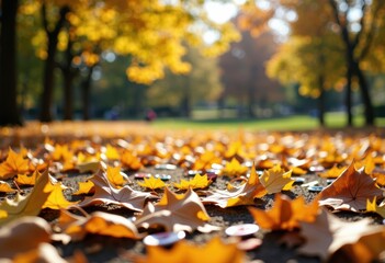 Vibrant autumn leaves blanket a park pathway, creating a warm atmosphere