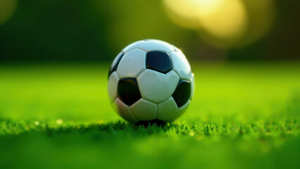 Fototapeta premium Soccer Ball on Green Grass, Sunlight
