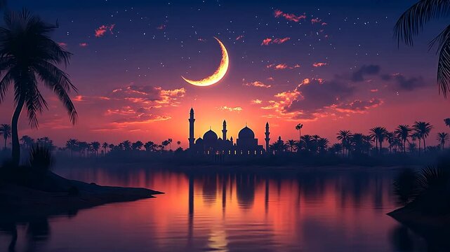 Beautiful sunset over a mosque reflecting on calm waters.