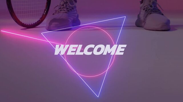 Neon WELCOME text with tennis shoes and racket over geometric shapes