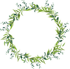 Green leaves and branches forming a beautiful circular frame, creating a natural and elegant border, perfect for invitations, cards, or decorative projects on a clean white background
