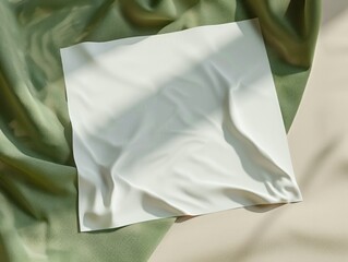 One square white and soft green cloth blank textile on table mockup, minimalistic interior retro vintage mockup template shadow from window.