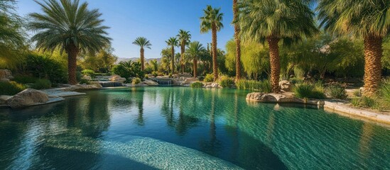 Obraz premium Beautiful tropical landscape with lush palm trees and a tranquil pool