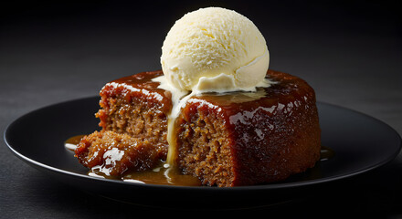 Delicious sticky toffee pudding with vanilla ice cream on a dark background