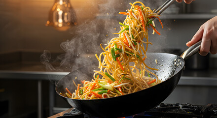 Culinary spectacle: Stir-frying vibrant noodles and vegetables in a sizzling wok