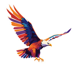 Obraz premium Vibrant Geometric Bald Eagle with Outstretched Wings in Bold Multicolor Design on White Background