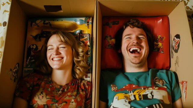 Young Adult Couple Acting Like Kids, Laughing, Smiling, and Having Fun while Laying Inside Boxes.