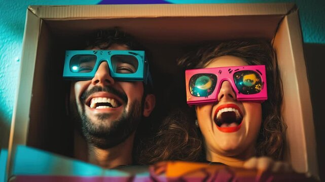 Young Adult Couple Acting Like Kids, Laughing, Smiling, and Having Fun while Laying Inside a Box Wearing Funny Toy Glasses.